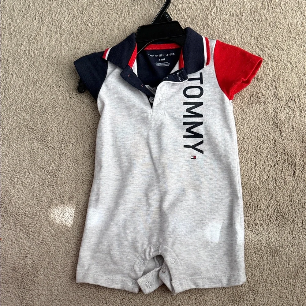 Tommy Hilfiger Infant Polo Romper - Gray, Red, and Navy - Picture 1 of 2
